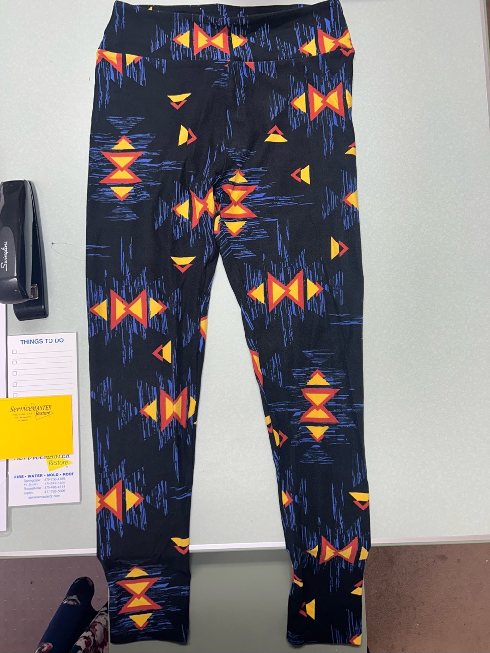 LuLaRoe buttery soft ONE SIZE leggings with Blue, Red and Yellow Geometric Print